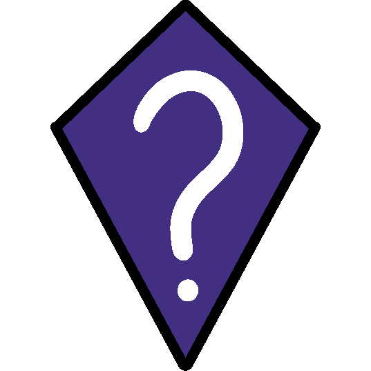 A purple kite with a white question mark on it.